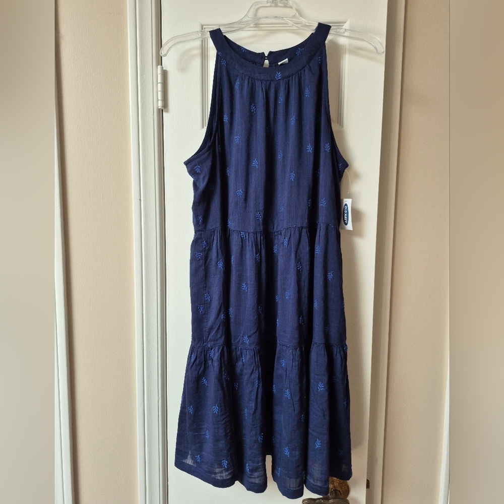 Tiered Blue Lined Sleeveless Swing Dress With Embroidery Size Medium, New W Tags
